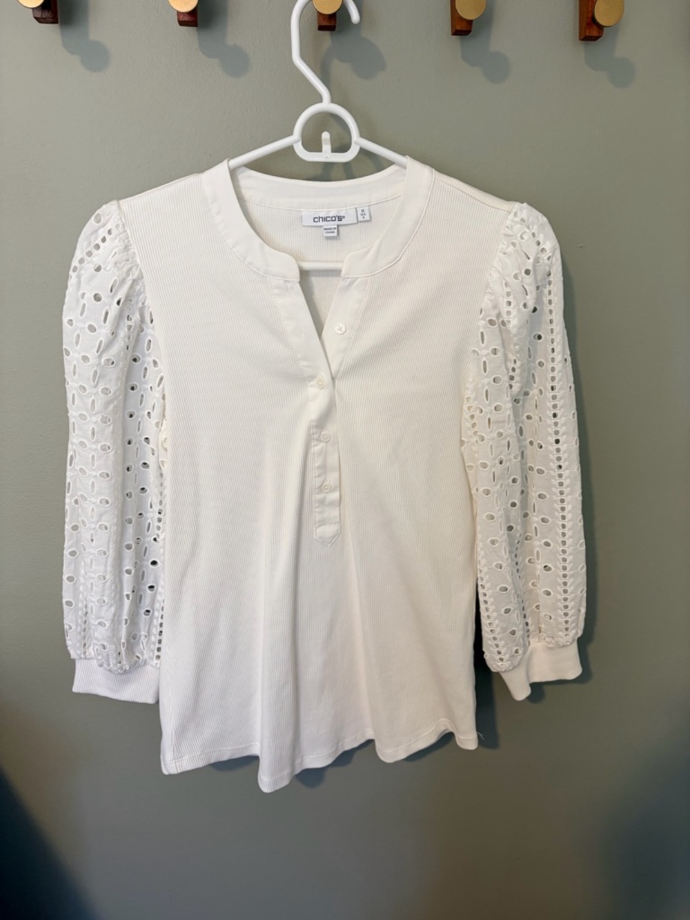 Chico's White Eyelet Sleeve Henley Top